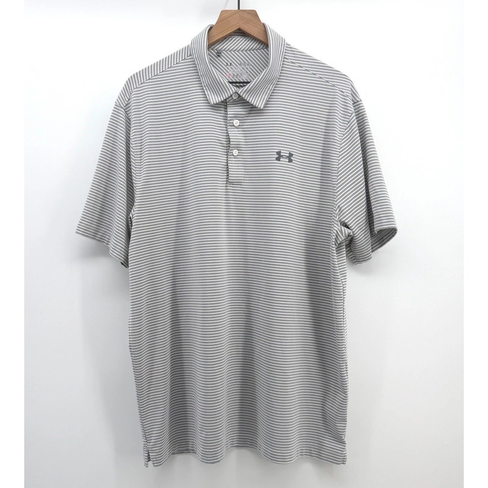 Under Armour Polo Shirt Mens XL Gray Striped HeatGear Loose Fit Golf Activewear - Picture 2 of 8